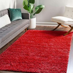 Retro Shaggy Plain Red Rug by Rug Style